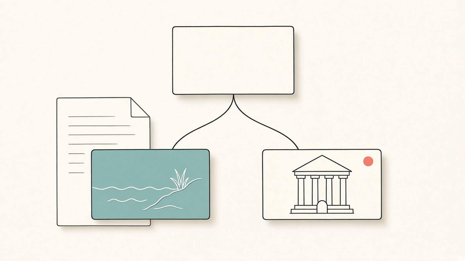 Hand-drawn word card branching into two meaning cards, a river bank and a bank building