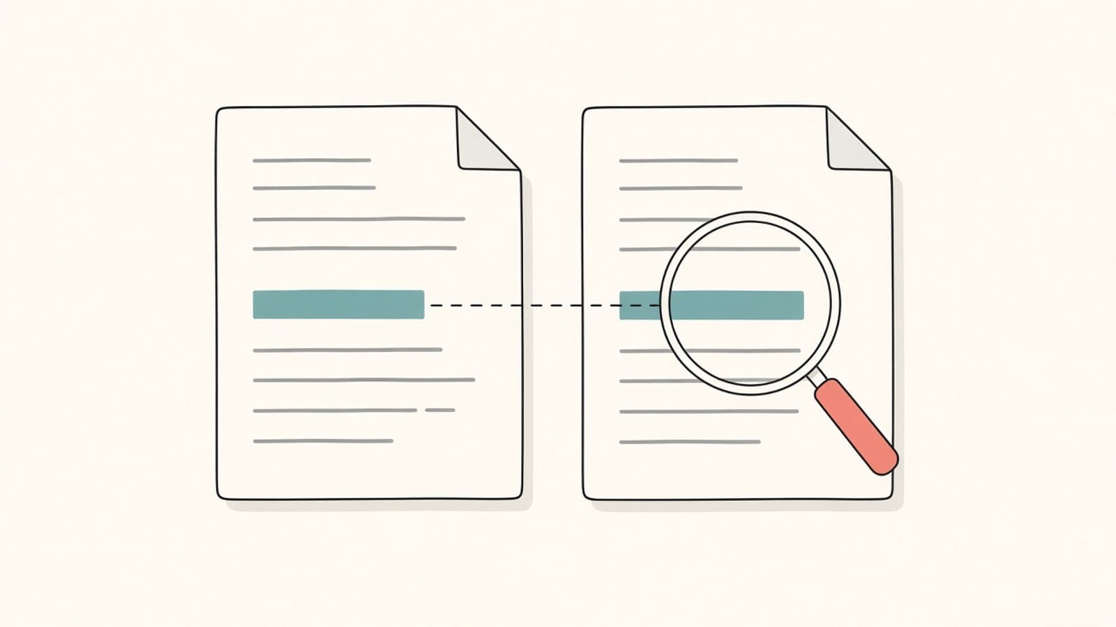Two hand-drawn pages side by side with matching highlighted lines, checked with a magnifier
