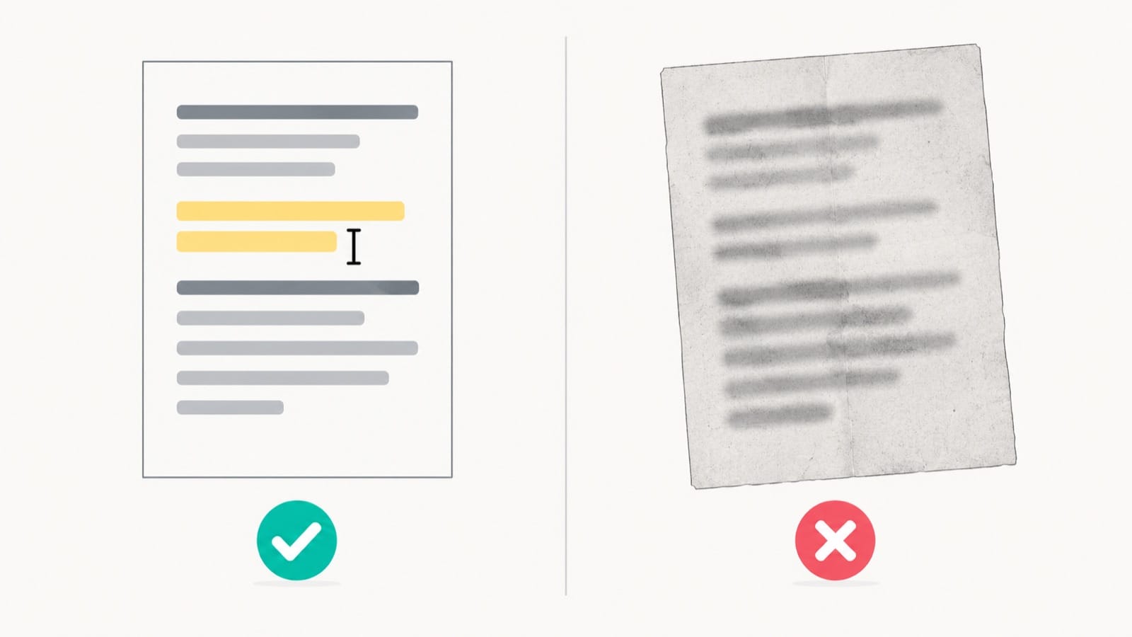 On the left, a digital PDF page whose text can be selected, marked as supported; on the right, a blurry photographed or scanned paper page, marked as not supported
