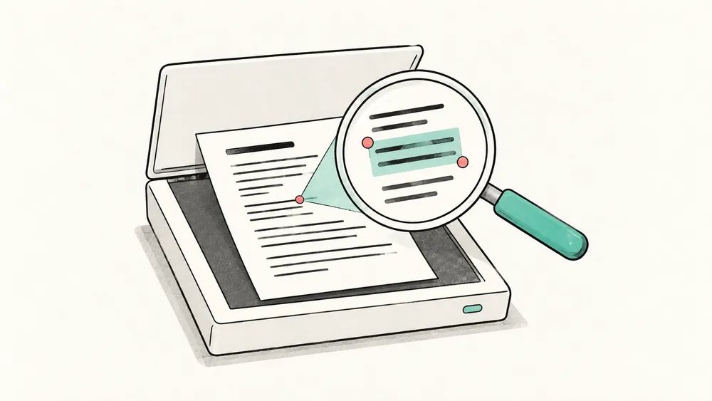Papier-und-Tinte-Illustration eines Blatts auf einem offenen Scanner; eine Lupe vergrößert mintgrün markierte Textlinien mit korallfarbenen Auswahlpunkten.
