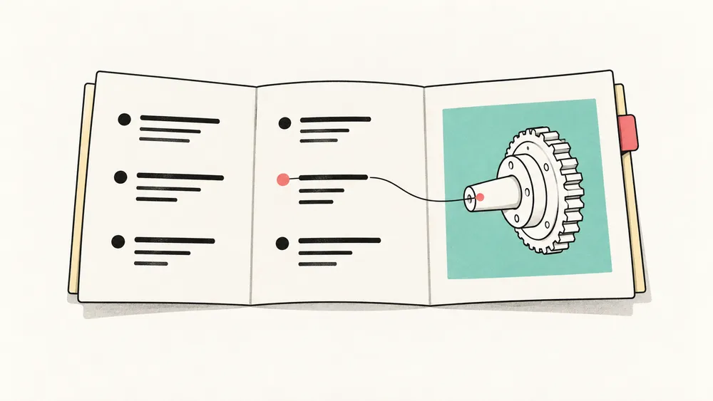 Paper-and-ink foldout manual with instruction bullets linked to a gear-and-shaft diagram on a mint panel, with coral markers.