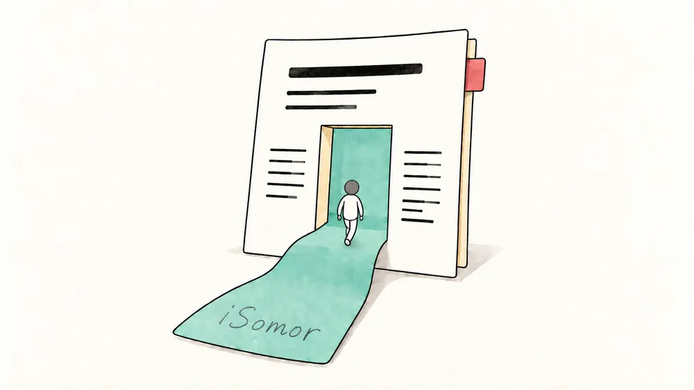 A small outlined figure with a gray dot head walks toward a document doorway along a green path with a handwritten iSomor name.