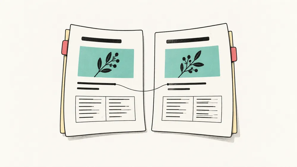 Concept illustration of two pages with similar diagrams and paragraph layouts, joined by a line linking corresponding positions.