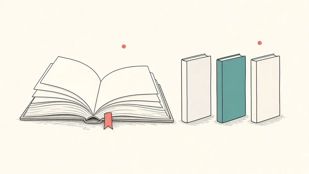 Hand-drawn open thick book with a coral bookmark next to three slim volumes standing in a row, one of them teal