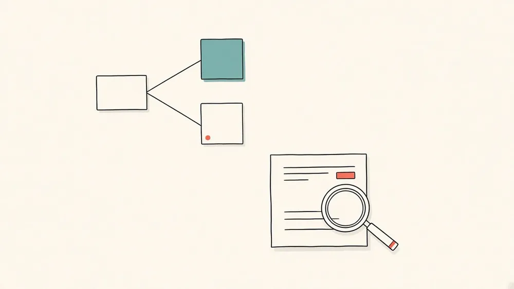 Hand-drawn word card branching into two cards, one teal, next to a document page under a magnifying glass