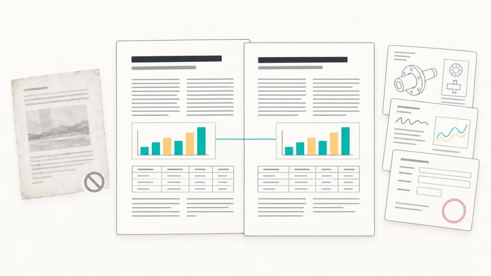 Two PDF pages with the same layout side by side, original and translation; manuals, papers and forms on the right, and a scanned page marked as unsupported on the left